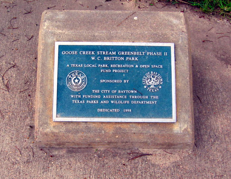 Goose Creek Trail - Baytown, Texas - Historical marker WC Britton Park